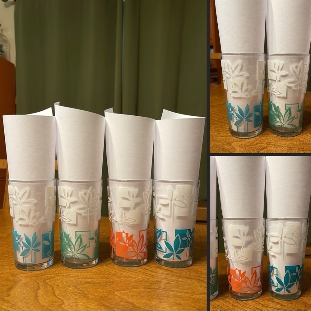 Vintage MCM Highball Tiki Juice Glass Set Peanut Butter Tiki Floral Barware Set